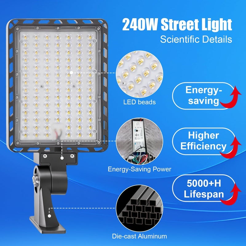 LEDMO LED Parking Lot Light 37000lm Outdoor Dusk to Dawn Commercial Street Light with Adjustable Arm Wall Mount 240W IP65 LED Barn Security Area Lights for Yard Sport Warehouse Shop 5000K - Image 5